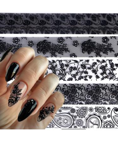 10 Rolls Retro Holographic Nail Foil Transfer Stickers - Black Lace Laser Foils for Nail Art | Starry Paper Designs & Floral Wraps - Buy Online on GoSupps.com