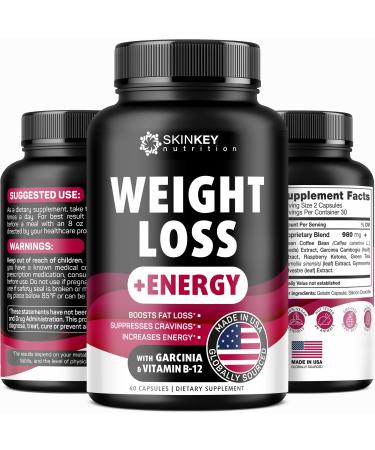 SKINKEY Nutrition Weight Loss Pills for Women - Fat Burner Diet That Work Fast & Men Made in USA Appetite Supressant with Garcinia Cambogia Green Tea 60 caps, Black, 60.0 Count