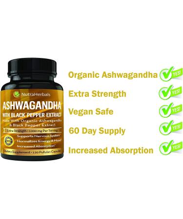 Organic Ashwagandha Supplement 1200mg with Black Pepper Extract - 120 Capsules - Buy Online on GoSupps.com