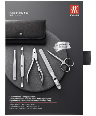 ZWILLING 5-Piece Manicure Set - Premium Nail Care & Pedicure Kit | Black Cowhide with Snap Fastener - Buy Online on GoSupps.com