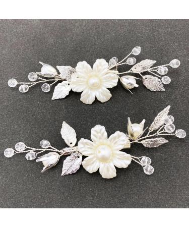 BETITETO Pearls Flower Hair Clips 2pcs Bridal White Floral Silver Leaf Vine Hair Pieces Accessories for Wedding Women