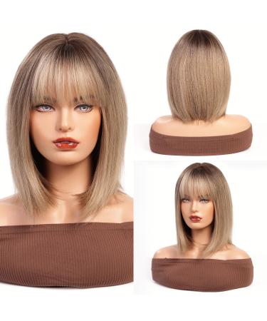 HAIRCUBE Straight Wigs for Women Synthetic Hair Wig with Fringe(Brown mixed Blonde)