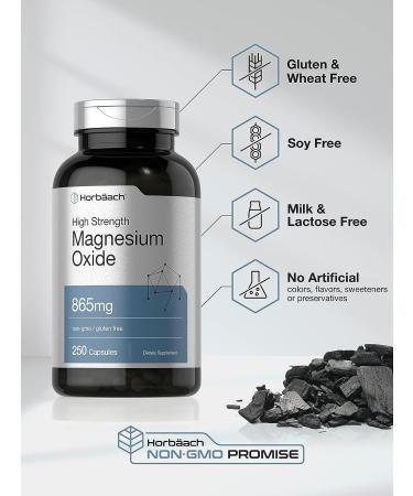 Magnesium Oxide 865mg | 250 Capsules | Non-GMO & Gluten Free Supplement | Horbaach - Buy Online on GoSupps.com