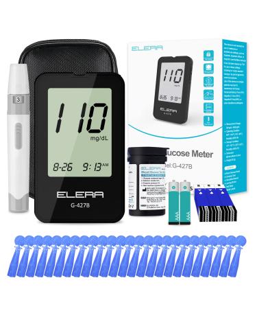 Elera Blood Glucose Monitor Kit, Code-Free Diabetes Testing, Glucometer Machine with 25 Test Strips, 25 Lancets, and Storage Bag - Accurate Blood Sugar Level Checker for Home and Travel MG