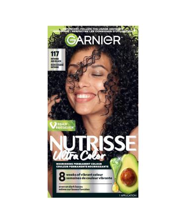 Garnier Nutrisse Ultra Color Permanent Hair Dye Vibrant Long-Lasting Colour Vegan Formula Nourished Hair Protects Hair Against Dryness 117 Intense Ash Black 1 Application Packaging May Vary BLACK/BLUE SHADES 117 Intense Ash Black