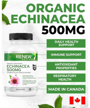RENEW ACTIVES ORGANIC ECHINACEA (10:1 RATIO) - High Potency Herbal Supplement to Relieve Symptoms & Shorten Duration of Upper Respiratory Conditions Non-GMO Easy-to-Swallow - 90 Capsules - Made in Canada - Buy Online on GoSupps.com