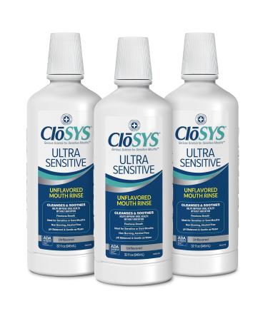 CloSYS Ultra Sensitive Mouthwash Unflavored (Optional Flavor Dropper Included) Alcohol Free Dye Free pH Balanced Helps Soothe Entire Mouth - 32 Oz (Pack of 3)