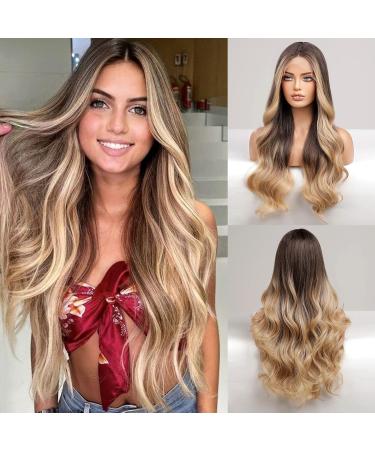 HAIRCUBE Long Ombre Blonde Lace Front Wigs for Women,Brown to Blonde Natural Wavy Middle Parting Synthetic Wigs Lace Wigsâ€¦