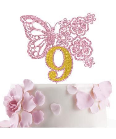 Tenhaisi Pink & Gold 3D Butterfly Flower Sign 9 Cake Topper - Happy 9th Birthday/Anniversary Party Decoration 3D Cake Topper- Girls 9th Birthday Party Supplies
