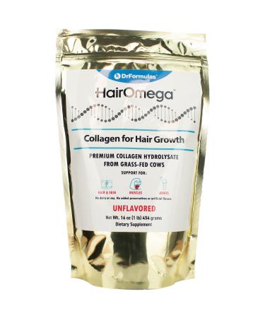 DrFormulas HairOmega Collagen for Hair Growth Protein Powder Peptides from Bovine Collagen Hydrolysate - Unflavored/Tasteless 16oz