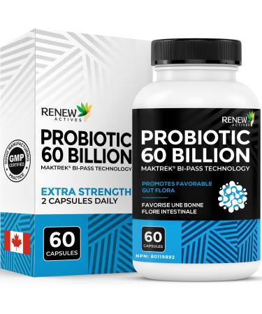 Renew Actives Probiotic Supplement for Digestive Health 60 Billion CFU per 2 Capsules - Advanced Formula with Prebiotic Benefits - Supports Gut Flora Balance & Wellness - Made in Canada - 60 Capsules