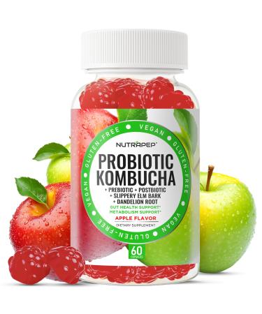 Probiotic Kombucha Gummies - Women Men Probiotic Prebiotic Probiotic Blend for Gut Health Bloating Metabolism Support with Slippery Elm Bark Dandelion Root - Vegan Gluten Free Apple Flavor 60 Count (Pack of 1)