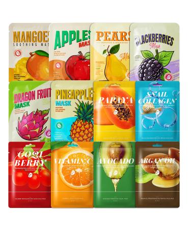 12 Sheet Masks Korean Facial Treatment with Natural Ingredients Daily Care Beauty Mask Hydrating and Nourishing for All Skin Types 25ML