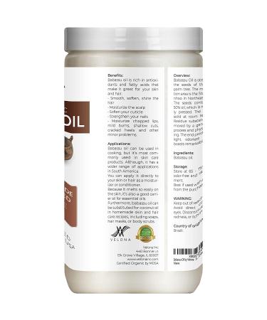 Velona Babassu Oil USDA Certified Organic 32 oz - 100% Pure Natural Carrier Oil for Face, Hair, Body & Skin Care - Cold Pressed, Refined - Ideal for Cooking | Buy Now! - Buy Online on GoSupps.com