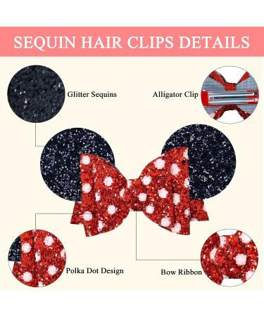 4 Pack 5 Inch Mouse Hair Bows - Red Sequins Bow Applique Hair Clips for Girls - Princess Party Accessories - Alligator Glitter Barrettes - Buy Online on GoSupps.com