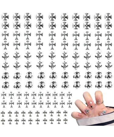 Nayyana 120 pieces 3D cross-nail charms chrome-nail charms cross charms for nails metal-cross-nail charm 3D-nail charm vintage silver punk chrome-heart-nailCharms silver-12
