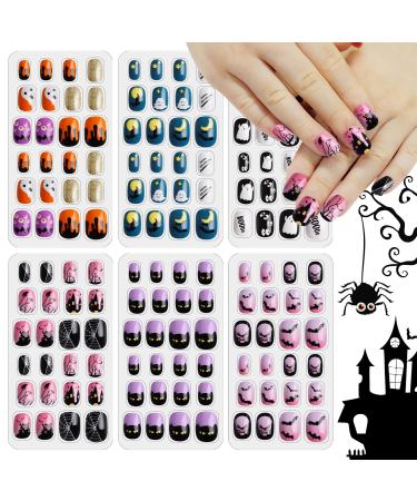 Kalolary 144 PCS Halloween Kids False Nails Press On Children Nails kids Full Cover Short Fake Fingernail Kit Halloween kids Fake Nails with Skull Bat Ghost Pattern for Girls Nail Art Decoration Spider Bat White Ghost
