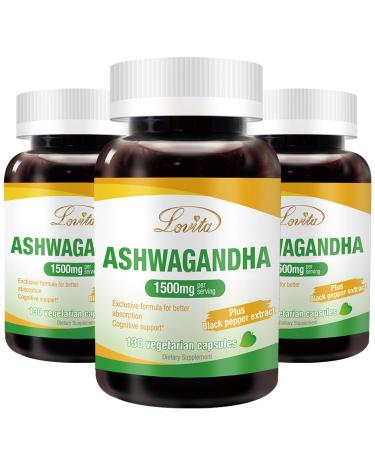 Lovita KSM-66 Ashwagandha 22 500mg Equivalent - Pack of 3 - Total 390 Vegan Gluten Free Capsules - 5% Withanolide 95% Black Pepper Piperine Stress Relief & Energy Support 130 Count (Pack of 3) Classic Package