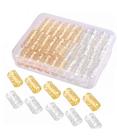 Whaline 100 Pack Aluminum Dread Locks Metal Hair Cuffs Adjustable Dreadlocks Beads Braiding Hair Decorations with Storage Box Gold and Silver Free Size