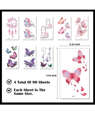 YUNAI 90 Sheets Temporary Tattoos for Women - Pink 3D Flowers, Butterflies, and Mixed Style Designs, Realistic Watercolor Floral Fake Tattoos - Body Art for Finger, Neck, and Arm - Buy Online on GoSupps.com