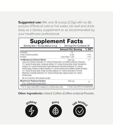 Mushroom Coffee - Ultra High Potency 10:1 Concentrated Extract - Colombian Sourced Beans with 10 Mushroom Blend Lion's Mane & Cordyceps - Rich & Functional Coffee Alternative - Third-Party Lab Tested Mushroom Coffee 105 g - Buy Online on GoSupps.com