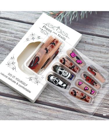 Extra Long Halloween Press on Nails - Pumpkin Ghost & Bat Design | Matte Nude Coffin Full Cover Fake Nails - 24 Pcs with Adhesive Jelly Glue - Buy Online on GoSupps.com