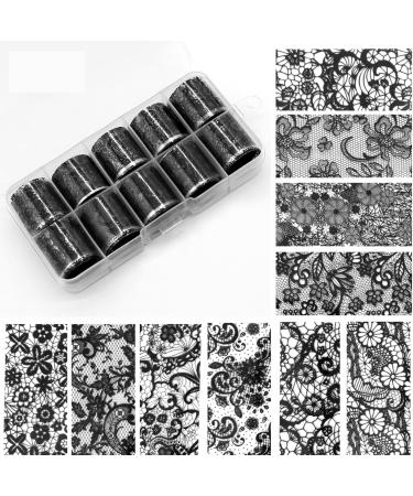 10 Rolls Retro Holographic Nail Foil Transfer Stickers - Black Lace Laser Foils for Nail Art | Starry Paper Designs & Floral Wraps - Buy Online on GoSupps.com