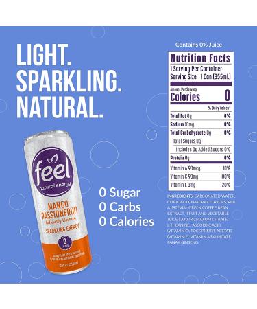 FEEL Sparkling Mango Passionfruit Energy Drink - Zero Sugar, Healthy L-Theanine & Caffeine Boost, 12 oz (Pack of 12) - Buy Online on GoSupps.com