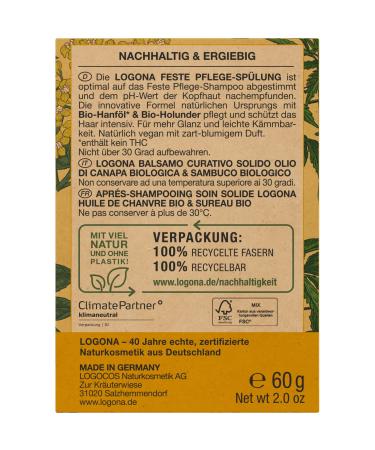 Logona Natural Cosmetics Conditioner Bar - Vegan Organic Hemp & Elderberry | Shine & Healthy Hair - 60g - Buy Online on GoSupps.com