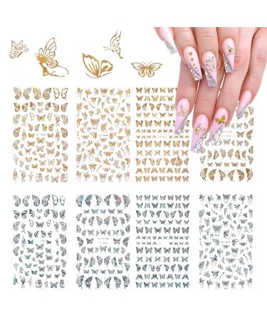 Yolev 8 Sheets Butterfly Nail Stickers  Butterfly Laser Decals Glitter Nail Supplies 3D Adhesive Gold Silver Butterflies Nail Art Stickers for Women Girls Nail Art Decorations