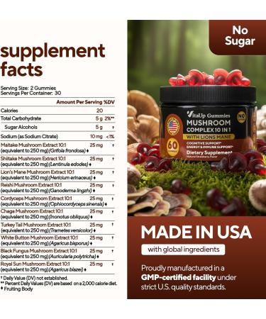 VitaUp Mushroom Gummies for Adults - USA Made 10 in 1 Mushroom Supplement - Mushroom Complex with Lions Mane Cordyceps Turkey Tail Reishi Shiitake for Cognitive & Immune Support - 60 Count - Buy Online on GoSupps.com