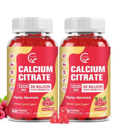 (2 Pack) Sugar Free Calcium Citrate Gummies 1200 mg with Vitamin d3 K2 Magnesium Zinc for Bone Muscle & Immune Support High Absorption Calcium Supplement for Women Raspberry Flavor 60 Chews 60 Count (Pack of 2)
