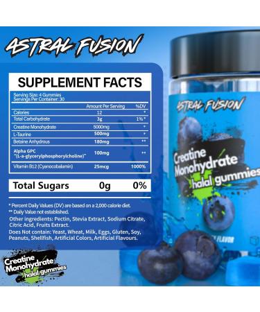ASTRAL FUSION Halal Creatine Monohydrate Gummies 5000mg Sugar-Free Vegan Creatine for Muscle Growth Strength and Recovery Plant-Based Pre Workout Supplement Blueberry Flavor 60 Count - Buy Online on GoSupps.com