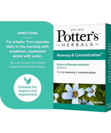 Potter's Herbals Memory & Concentration | Contains Bacopa Monieri | 60 Easy-to-Swallow Capsules - Buy Online on GoSupps.com