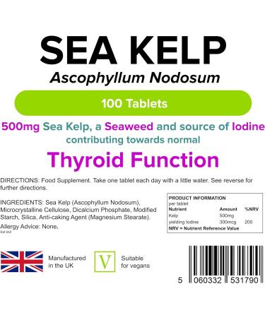 Lindens Sea Kelp 500mg - Rich in Potassium Iodide - Thyroid & Metabolism Support - Vegan - 100 Tablets - Buy Online on GoSupps.com