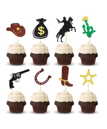 Arthsdite 24Pcs Cowboy Cupcake Toppers HorseShoe Cowboy Hats Boots Cupcake Picks Star Gun Cactus Cupcake Picks Western Theme Baby Shower Birthday Party Cake Decorations Supplies