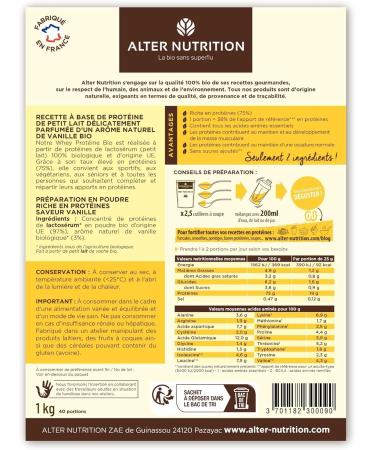 ALTER NUTRITION - Whey Organic Protein - Vanilla - Mass Gain - Recovery - BCAA - Organic Cow Milk - No Added Sugars - Made in France - 19g Protein Per Scoop - Bag of 1kg - Buy Online on GoSupps.com