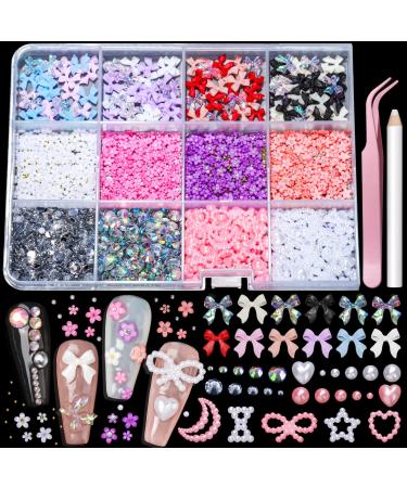 Teenitor 3000+ 3D Nail Charms and Gems Flower Nail Art Charms Bow Charms for Nails Nail Rhinestones Nail Pearls for Acrylic Nails Nails Charms Bulk