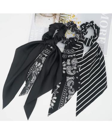 Black Floral/Striped Scarf Scrunchie Set - 5pcs Chiffon/Silk Hair Ties for Women - Buy Online on GoSupps.com