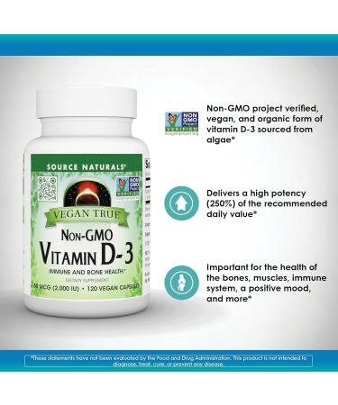 Source Naturals Vegan True Non-GMO Vitamin D-3 Dietary Supplement for Immune and Bone Health* 2 000 IU - 90 Capsules 90 Count (Pack of 1) - Buy Online on GoSupps.com