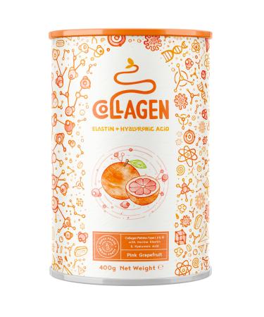 Alpha Foods Collages Powder (400g) - Collagen Hydrolysate Peptides Type I II & III - Highly dosed collagen powder with hyaluronic acid and elastin - Pink Grapefruit -taste - from Germany
