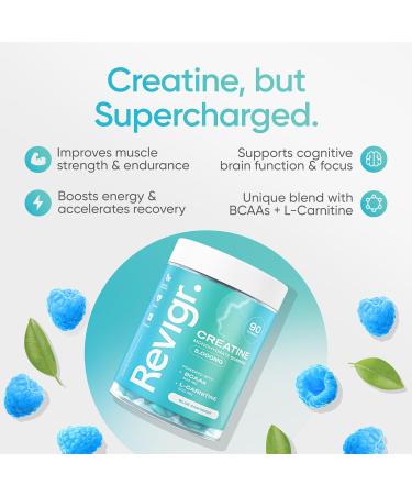 Revigr Max 5000mg 90 Creatine Monohydrate Gummies Added 500mg BCAAs + 500mg L-Carnitine Vegan & Sugar-Free Premium Pre-Workout Gym Supplement (1 Month Supply) (Blue Raspberry) - Buy Online on GoSupps.com
