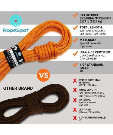 High Strength 10.5mm Static Rock Climbing Rope - 32 Feet - UIAA Certified - Heavy Duty Mountaineering Gear in Orange - Buy Online on GoSupps.com