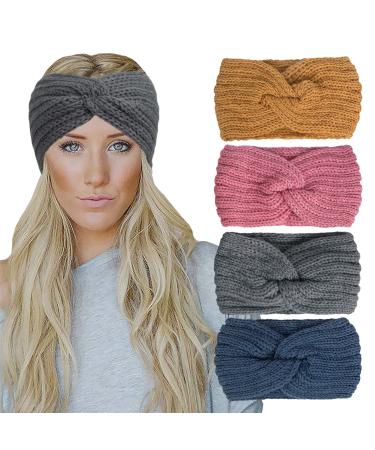 Chalier 4 Pack Winter Headbands for Women Knitted Ear Warmer Headband Crochet Bow Twist Head Wraps(06 Multicolor) Blue