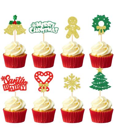 Ercadio 24 Pack Christmas Santa Baby Cupcake Toppers Green Glitter Santa Baby Cupcake Picks Xmas Holiday Cupcake Picks Merry Christmas Theme Gender Reveal Party Cake Decorations Supplies B-santa Baby Green