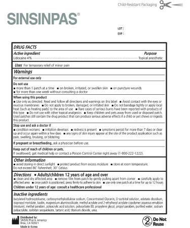 SINSINPAS Maximum Strength Lidocaine 4% Pain Relieving Patch - 5 Patches - Buy Online on GoSupps.com