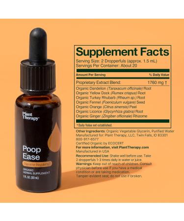 Plant Therapy Organic Poop Ease Tincture 30 mL (1 oz) Helps Relieve Occasional Constipation Eases Bloating & Stomach Cramps Organic Glycerin-Based Tincture Blend - Buy Online on GoSupps.com