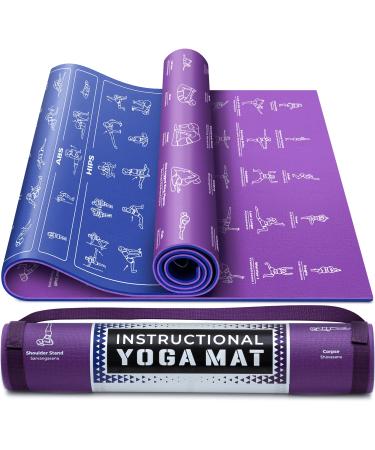 Instructional Yoga Mat with Poses Printed On It & Carrying Strap - 75 Illustrated Yoga Poses & 75 Stretches - Cute Yoga Mat For Women and Men - Non-Slip, 1/4" Extra-Thick Yoga Mat For Beginners Blue/Purple (68" x 24")