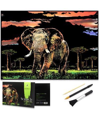 MIASTAR Scratch art animal rainbow painting paper, Creative foil scratch art toys gift, Engraving art & Craft set, DIY sketch card scratchboard for Kids & Adults - 16'' x 11.2'' with 3 tools(Elephant)
