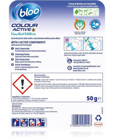 Bloo Limited Edition Frosty Slide Turquoise Coloured Water with Anti-Limescale Cleaning Foam Dirt Protection and Extra Freshness 1 x Toilet Block - Buy Online on GoSupps.com